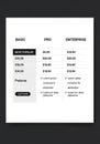 Pricing table with three columns: Basic, Pro, and Enterprise. Each column lists pricing Royalty Free Stock Photo