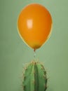 Prickly cactus and orange balloon on green background Royalty Free Stock Photo