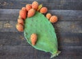 Prickly and delicious. Opuntia cactus with large flat pads and red thorny edible fruits. Cactaceae. Prickly pears fruit Royalty Free Stock Photo