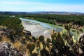 Prickly pear cactus on the desert with mountains and river on the background at Big Bend National Park Royalty Free Stock Photo