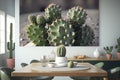 Prickly pear cactus in flower pot in modern inerior, ai generative Royalty Free Stock Photo