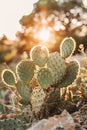 Prickly pear cactus at sunset in a desert landscape Royalty Free Stock Photo