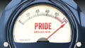 Pride and Arrogance Meter that is hitting a full scale, showing a very high level of pride ,3d illustration