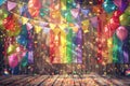 Pride celebration with rainbow flags, balloons, and empowering banners on a vibrant wooden background Royalty Free Stock Photo