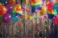 Pride celebration with rainbow flags, balloons, and empowering banners on a vibrant wooden background Royalty Free Stock Photo