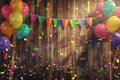 Pride celebration with rainbow flags, balloons, and empowering banners on a vibrant wooden background Royalty Free Stock Photo