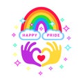 Pride congratulation card. Color rainbow with clouds and sparkles and heart shape made with hands.