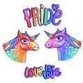 Pride Couple unicorn avatar hand drawn with inscription Love is Love. Vector set print isolated on white background