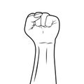 Raised fist. White with black outline. On white background. Isolated illustration. Depicting power, strengh, unity, equal human