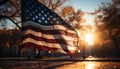 Pride in freedom American flag waving, sunset illuminates cityscape generated by AI Royalty Free Stock Photo