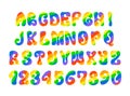 PRIDE LGBT font with rainbow pattern. Vintage alphabet on white