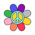 Pride LGBT month. Flower with symbol peace in rainbow colors. Supporting love freedom.