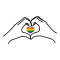 Pride LGBT Rainbow Heart and Female hand of a love symbol in a minimalist linear trendy style. Vector Illustration Royalty Free Stock Photo