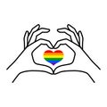 Pride LGBT Rainbow Heart and Female hand of a love symbol in a minimalist linear trendy style. Vector Illustration Royalty Free Stock Photo