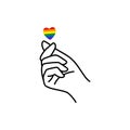 Pride LGBT Rainbow Heart and Female hand of a love symbol in a minimalist linear trendy style. Vector Royalty Free Stock Photo
