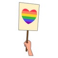 Pride LGBT symbols. Hand holds poster with heart in rainbow colors. Supporting love freedom.