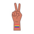 Pride LGBT symbols. Hand with two fingers and rainbow on the wrist. Supporting love freedom.