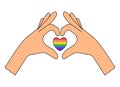 Pride LGBT symbols. Hands in the shape of heart with rainbow colors. Supporting love freedom.