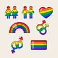 Pride LGBTQ+ icon set, LGBTQ+ related symbols set in rainbow colors. Gay Pride Month. Flat design Royalty Free Stock Photo