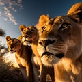Pride of lions in the evening sunlight