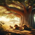 A pride of lions resting in the shade of a baobab tree in the midday heat