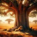 A pride of lions resting in the shade of a baobab tree in the midday heat