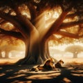 A pride of lions resting in the shade of a baobab tree in the midday heat