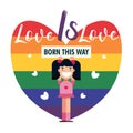 Pride month, born this way love is love beautiful poster with girl and rainbow color hearts placard banner design celebration Royalty Free Stock Photo