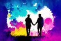 Pride Month. A colorful illustration of two men holding hands. Gay couple spending time together. Lgbtq. Generative AI Royalty Free Stock Photo