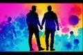 Pride Month. A colorful illustration of two men holding hands. Gay couple spending time together. Lgbtq. Generative AI Royalty Free Stock Photo