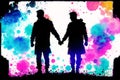 Pride Month. A colorful illustration of two men holding hands. Gay couple spending time together. Lgbtq. Generative AI Royalty Free Stock Photo