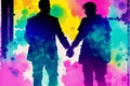 Pride Month. A colorful illustration of two men holding hands. Gay couple spending time together. Lgbtq. Generative AI Royalty Free Stock Photo