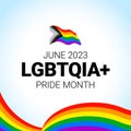 Pride month 2023 concept. Freedom rainbow flag, gay parade annual summer event. Design template for flyer, card, poster, banner, Royalty Free Stock Photo