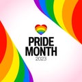 Pride month 2023 concept. Freedom rainbow flag, gay parade annual summer event. Design template for flyer, card, poster, banner, Royalty Free Stock Photo