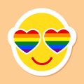 Pride Month emoji with rainbow hearts instead of eyes for design of LGBTQ event, smiling face simple vector sticker Royalty Free Stock Photo