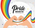 Pride month, love celebration with Hands In A Heart Shape and colorflu rainbow ribbon around vector design