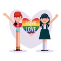 Pride month, love is love two Couple girls holding rainbow heart celebration banner poster design vector Royalty Free Stock Photo