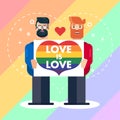 Pride month, love is love two Couple man boys holding rainbow heart celebration placard banner poster design vector picture Royalty Free Stock Photo