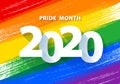Pride month 2020 poster with rainbow LGBT flag vector background.
