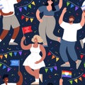 PRIDE MONTH seamless pattern. People from different ethnic backgrounds hold rainbow flags.