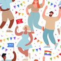 PRIDE MONTH seamless pattern. People from different ethnic backgrounds hold rainbow flags.