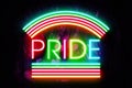 Pride Neon Sign on a Dark Heart decorated Wooden Wall 3D illustration