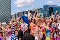 Pride Parade of lesbian, gay, bisexual, transgender, queer and allies. LGBTQ people in colorful costumes dancing, smiling, having