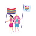 Pride parade lgbt community, happy girls with crown flag heart love celebration