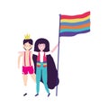 Pride parade lgbt community, man and woman with crown and flag