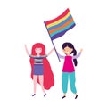 Pride parade lgbt community, women with flag together activist