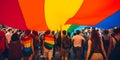 Pride parade people and big rainbow flag. LGBTQ pride. AI generated