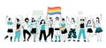 Pride parade. Young people, lgbt homosexual community hold rainbow banner. Lgbtq person, gay lesbian transgender. Couple