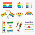 Pride rainbow flags, icons, emblems, dividers, and design elements set on white Royalty Free Stock Photo