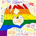 Pride rainbow hands showing heart sign with inspiring messages on the background. Pride month illustration in pop art comic style Royalty Free Stock Photo